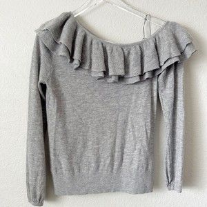 Club Monaco Gray Cashmere Ruffle one Shoulder Collar Sweater Size Small